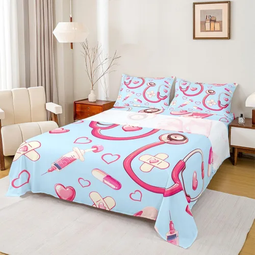 Miniatura 22 de Erosebridal Nurse Sheet Set Stethoscope Twin Sheets Set for Teen Boys,Colorful Medical Healthcare Heartbeat Syringe Fitted Sheet