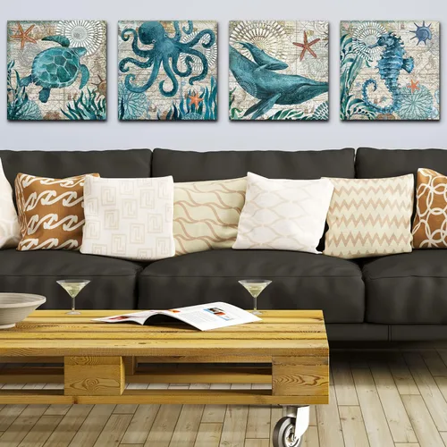 Miniatura 2 de YOOOAHU - 4 unidades de arte de pared de impresión en lienzo con diseño de océano, animales marinos, tortuga marina, caballito de mar, ballena, Verde