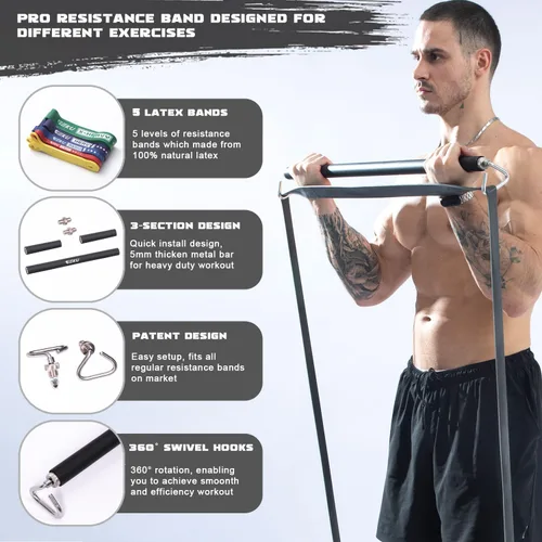 Miniatura 2 de Resistance Band Bar, Length-Adjustable Detachable Heavy Duty Workout Bar for Resistance Band Training, Core Muscle Training, Home & Ourdoor Workout