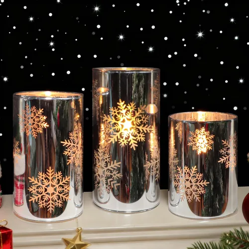 Miniatura 7 de Velas LED sin llama de copo de nieve con control remoto y temporizador, velas de vidrio electrochapado operadas por batería, velas LED parpadeantes