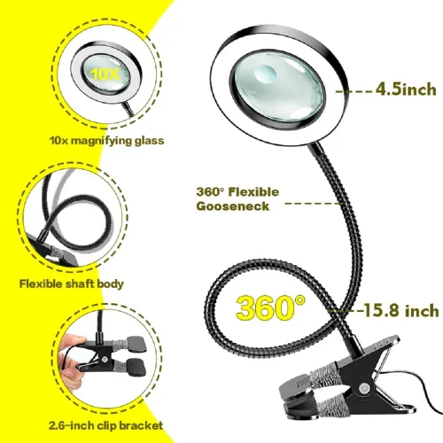 Miniatura 8 de Lupa de doble lente 20X/10X con luz y temporizador, lupa de lente combinada con luz, 3 modos de color, lámpara de escritorio con aumento 2 en 1