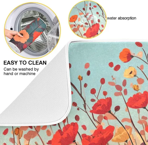 Miniatura 4 de Tapete de secado de platos de primavera naranja con flor de amapola para encimera de cocina, tapete escurridor absorbente de microfibra, tapete