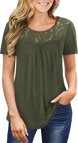 Ahlaray - Blusa de talla grande para mujer, camisetas de manga corta para el verano, camiseta tipo túnica plisada y con encaje, de la talla M a la