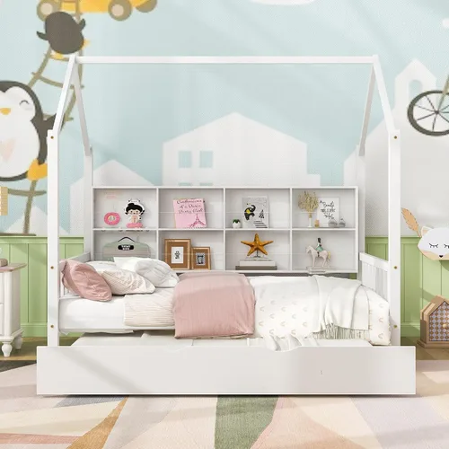 Cama matrimonial con nido, marco de cama matrimonial para niños con estantes de almacenamiento y techo, cama Montessori, cama de tienda, cama de