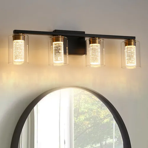 Miniatura 7 de EMONG Lámpara de baño de 3 luces negras y doradas, luces LED regulables de 5 CCT con vidrio transparente, 2700 K-6500 K, luz de tocador de baño