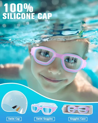 Miniatura 7 de Kids Swim Goggles with Silicone Swim Cap, Swimming Goggles Cap Set for Kids 6-14, Anti-Fog Anti-UV for Boys Girls Gorra azul/púrpura+azul