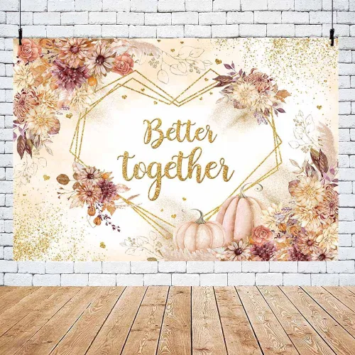 Miniatura 5 de MEHOFOND Fondo de boda de otoño de 7 x 5 pies, diseño de calabaza, bohemio, floral, para fotografía de boda, corazón, geométrico, puntos dorados