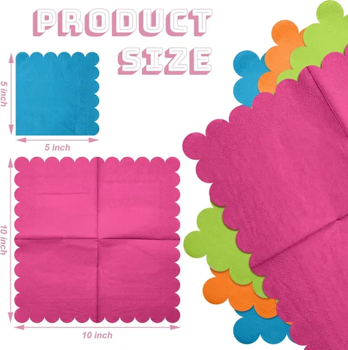 Miniatura 2 de Yeaqee 100 servilletas festoneadas de color neón, servilletas de papel de cóctel de 2 capas brillantes para bebidas, servilletas desechables