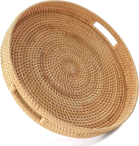 Miniatura 7 de HITOMEN Bandeja de mimbre redonda tejida a mano de 11.8 pulgadas con asas para mesa de café (marrón cálido-M)