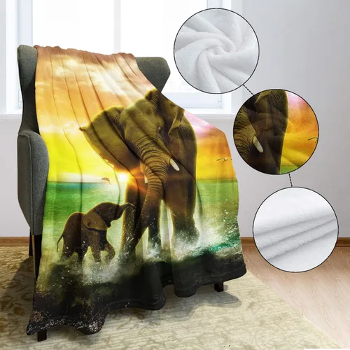 Miniatura 4 de HommomH Manta colorida de 50 x 80 pulgadas con diseño de elefantes al atardecer, manta de forro polar suave y esponjosa para mujer