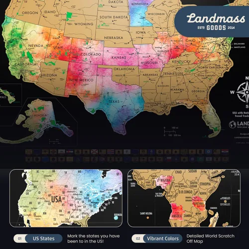Miniatura 4 de Landmass Póster de mapa del mundo para rascar, mapa de Estados Unidos de bonificación incluido, rastrea tus viajes con banderas, mapa detallado
