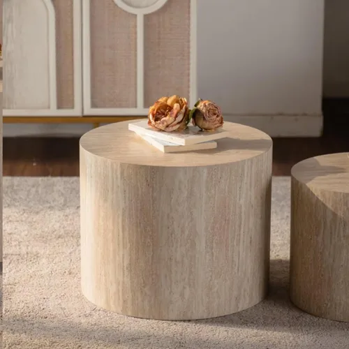Miniatura 9 de Juego de 2 mesas de centro anidadas, modernas mesas de centro redondas de madera, mesa auxiliar decorativa para espacios pequeños, sala de estar