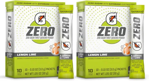 G Zero - Paquetes de polvo con electrolitos, vitaminas y sin azúcar, 20 unidades (paquete de 2) (20 paquetes, limón-lima)
