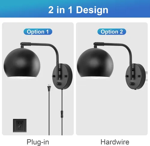 Miniatura 7 de VATONI Apliques de pared enchufables, Apliques de pared regulables con brazo oscilante con cable de enchufe y interruptor de regulación y Negro