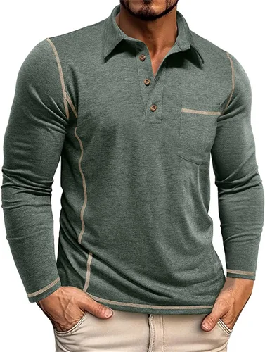Miniatura 12 de Polo para hombre, manga larga, cuello clásico, algodón, botón básico, elegante, con bolsillo en el pecho