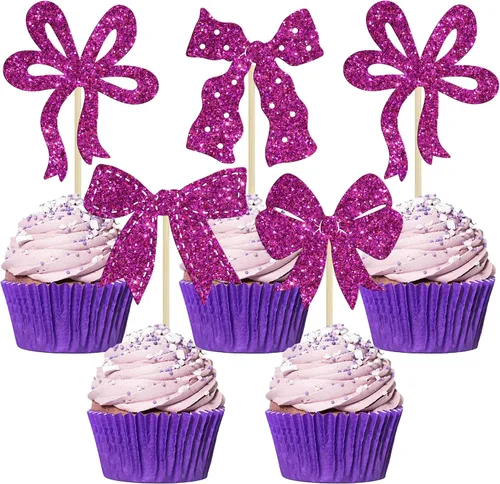 Miniatura 12 de Ephlyn 24 Piezas Adornos para Cupcakes con Lazo Rosa - Decoraciones de Cupcakes con Moño para Nupcial, Baby Shower, Fiesta Temática de Boda - Negro