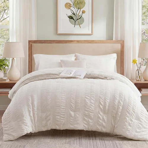 Miniatura 8 de CASAAGUSTO Juego de edredón Twin XL, 5 piezas de cama de seersucker beige en una bolsa, tamaño Twin, suave para todas las estaciones, juegos de ropa