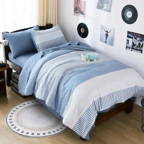 Juego de edredón azul tamaño individual, edredón clásico a rayas para niños y niñas, juego de cama de 5 piezas en una bolsa, juego de ropa de cama