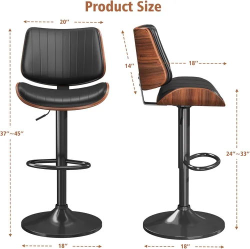 Miniatura 5 de YaFiti Adjustable Bar Stools, Modern Swivel PU Leather Counter Height Chairs with Backrest, Armless Kitchen Island Stools, Black 1 PCS