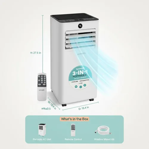 Miniatura 7 de SereneLife Aire acondicionado portátil de 8000 BTU, pequeña unidad de CA con deshumidificador y ventilador, mini unidad de CA con cobertura de 350