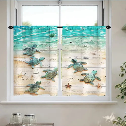 Miniatura 15 de Cortinas cortas de cocina con diseño náutico de tortugas marinas azules y playas, media cortina de baño para dormitorio, juego de 2 paneles de 27.5
