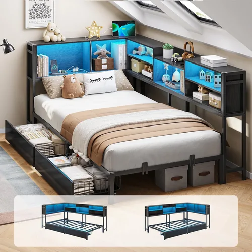 Miniatura 13 de DICTAC Marco de cama esquinero tamaño individual con almacenamiento y luces LED, plataforma de metal con 2 cajones y estación de carga, cama