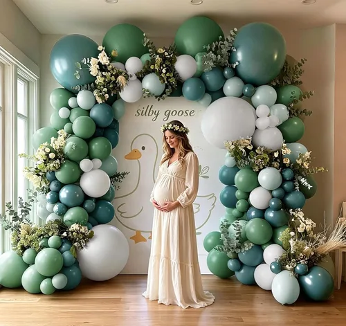 Miniatura 6 de Kit de arco de globos de color azul polvoriento, guirnalda de globos de látex de doble relleno, verde salvia, blanco mate, globos de látex para baby