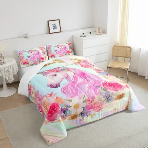 Miniatura 4 de Erosebridal Juego de ropa de cama de unicornio para niñas, tamaño individual, edredón de plumón kawaii para niñas, lindo juego de edredón de caballo