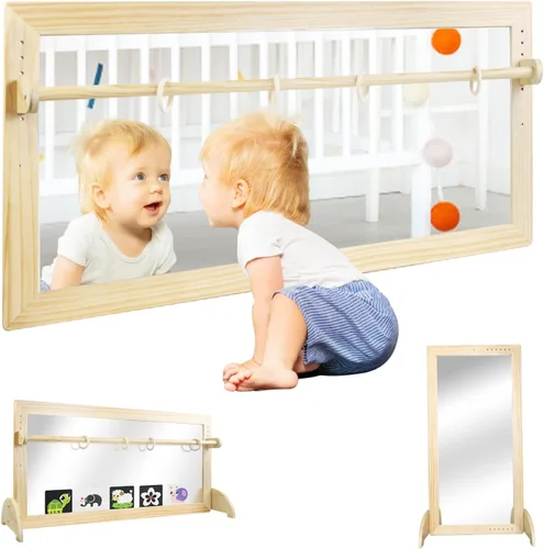 Espejo Montessori con barra, barra de dominadas ajustable de madera para bebé, piso y pared, inastillable, seguridad, coordinación infantil, muebles