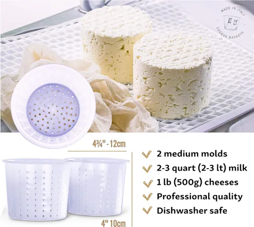 Miniatura 4 de Country Trading Co. Juego de 3 moldes de queso para hacer quesos azules y duros en casa, cestas italianas de calidad para hacer gorgonzola, colby