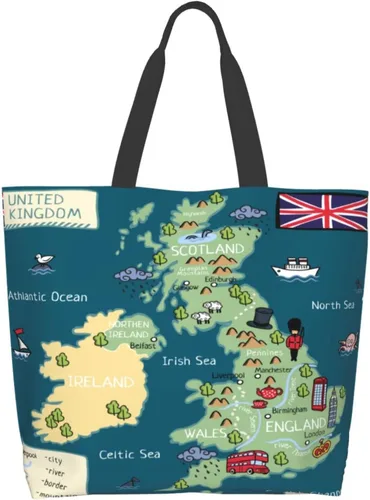 Miniatura 3 de Divertido bolso de mano de dibujos animados del Reino Unido con mapa, grande, casual, para mujer, bolsas de hombro reutilizables para el trabajo