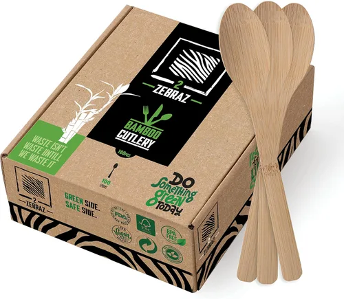 Miniatura 10 de 2ZEBRAZ - Juego de cubiertos de bambú de 100 piezas, 50 tenedores, 25 cuchillos, 25 cucharas, utensilios desechables resistentes para fiestas