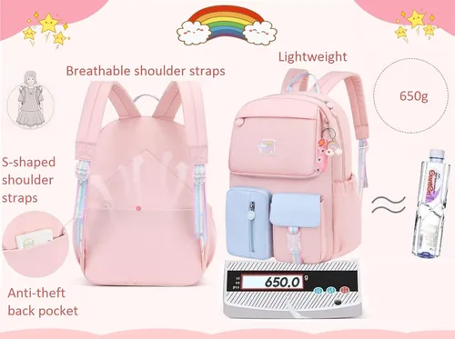 Miniatura 6 de Mochila escolar para niñas para escuela primaria ligera, Rosa Azul, Classic