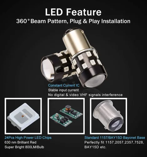 Miniatura 3 de Bombillas LED BAY15D superbrillantes 1157 2057 2357 7528 BAY15D rojo brillante 9-30V sin polaridad 24-SMD chipsets LED con proyector para luces