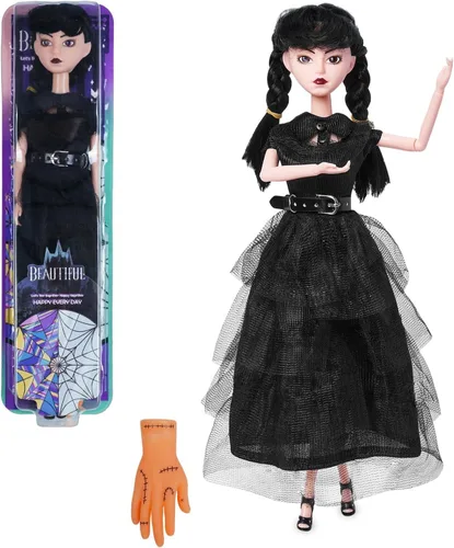 Muñeca para niñas en caja de regalo con vestido negro, muñeca de 11.5 pulgadas, tacones altos, cabello negro, regalo para fanáticos