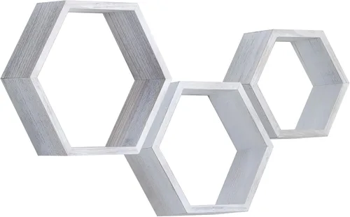 Miniatura 18 de PHOENANCEE - Estantes flotantes hexagonales, juego de 3 estantes de nido de abeja, estantes de pared de madera estilo granja para almacenamiento