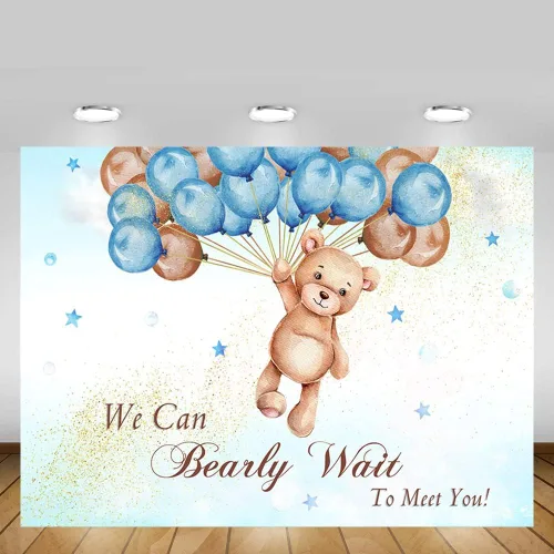 Miniatura 5 de MEHOFOND Telón de fondo de baby shower con texto en inglés "We Can Bearly Wait to Meet You" de 10 x 7 pies, globos azules y marrones, purpurina