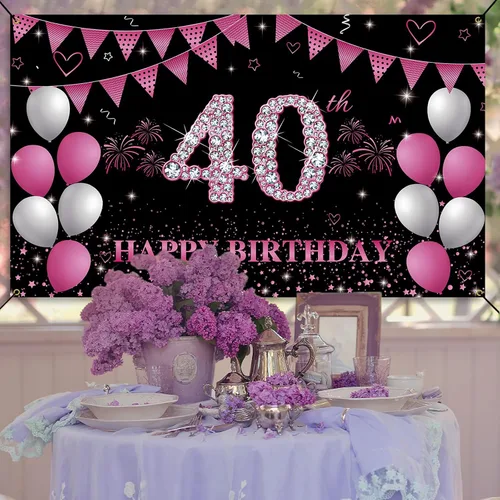 Miniatura 6 de Cartel de fondo de 40 cumpleaños rosa intenso, decoraciones de feliz cumpleaños 40 para mujeres, fiesta de cumpleaños de 40 años, accesorios