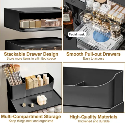 Miniatura 5 de DASITON Organizador de maquillaje para tocador con 2 cajones, organizador de cosméticos apilable con soporte para brochas de maquillaje, organizador