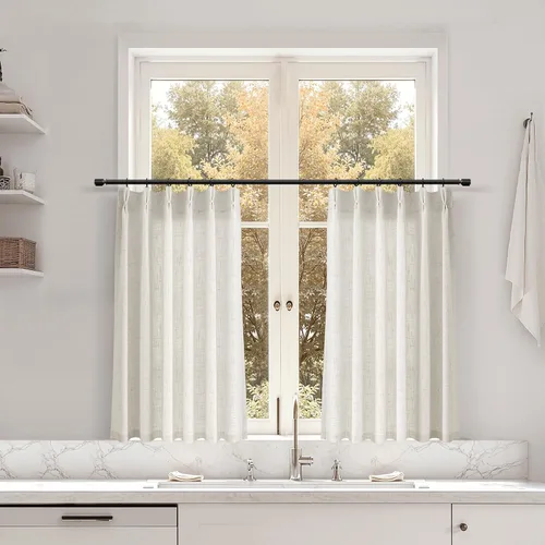 Miniatura 55 de Juego de 2 paneles de cortinas de ventana de cocina beige de 24 pulgadas de largo, con textura de lino, plisadas, filtrantes de luz, semi pequeñas
