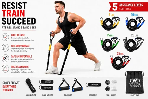 Miniatura 2 de Valor Fitness Bandas de resistencia – 5 libras a 25 libras – Mosquetones adjuntos y 2 bandas por opción de peso con asas – Funda cubierta