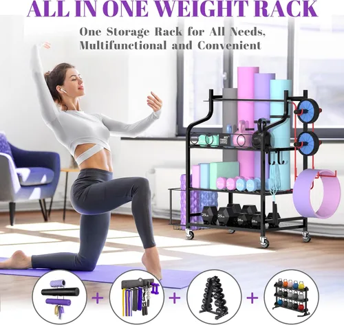 Miniatura 2 de Mythinglogic Estante de almacenamiento para esterilla de yoga, estante de almacenamiento de gimnasio en casa para mancuernas, rodillo de espuma
