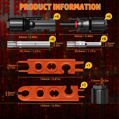 Miniatura 4 de PEBA Kit de herramientas de prensado, crimpadora solar para cable de panel solar AWG 16-10, con 6 pares de conectores solares IP68 y 1 par de llave