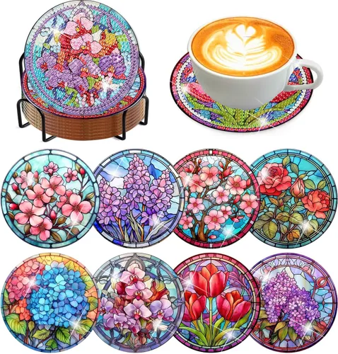 Miniatura 27 de Meothan Juego de 8 posavasos de arte de diamante para adultos con soporte, almohadillas de corcho, posavasos de arte de puntos de diamante de vidrio