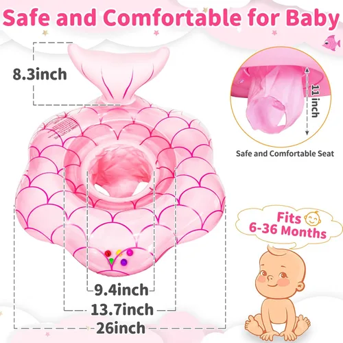 Miniatura 2 de Flotador de piscina extra ancho de 25.6 pulgadas para bebés de 6 a 36 meses, flotador de natación de sirena de seguridad antideslizante, entrenador
