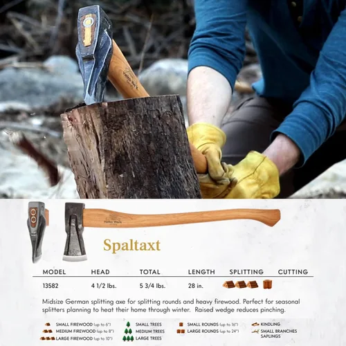 Miniatura 2 de 1844 Helko Werk Germany Traditional Spaltaxt - Hacha alemana para dividir leña, hacha de madera y taladro de madera de tamaño mediano, hecho
