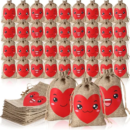 Miniatura 7 de Crtiin 24 bolsas de regalo de arpillera para el día de San Valentín, bolsas de regalo de lino con cordón de corazón, bolsa de dulces para regalos