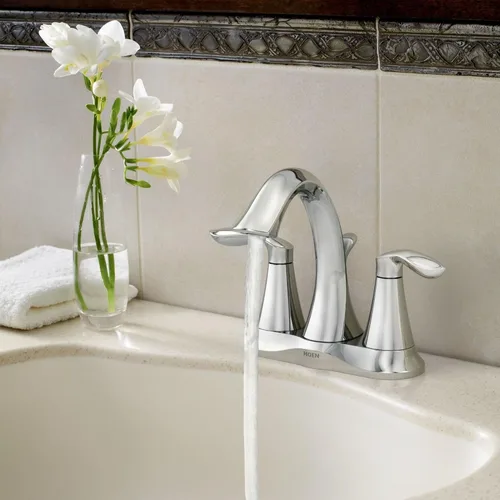 Miniatura 2 de Moen Eva Grifo de Lavabo de Baño Cromado de Dos Manijas Centerset con Ensamble de Drenaje para Configuraciones de Instalación de 3 Orificios, 6410