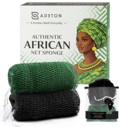 Adeton Esponja de Red Africana, Auténtica, con Nudos, Paño de Baño Exfoliante, Sapo Real, Propiedad Negra, Esponja Larga, Exfoliante Corporal,