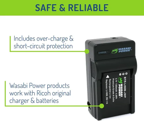 Miniatura 3 de Wasabi Power Batería DB-110 (paquete de 2) y cargador para Ricoh GR III, GR IIIx, Theta X, WG-6 y G900, G900 II, G900SE II